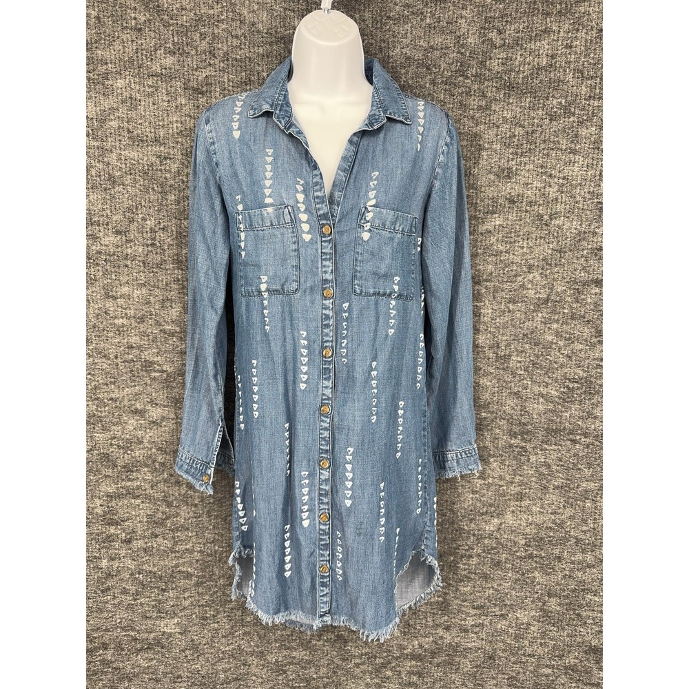 Cloth & Stone Shirt Dress Womens XS Blue Chambray Hi Low Fringe Hem Long Sleeve